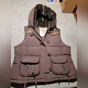 Polo Ralph Lauren Puffer Vest Womens XL Faux Fur Hooded Brown Full Zip Pockets